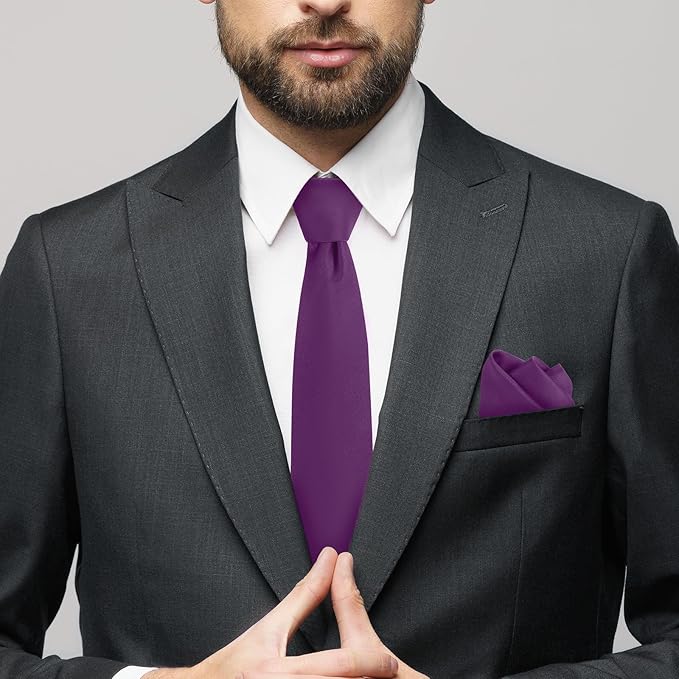 Black Tie Set in Gift Box Mens Solid Color 3.15" (8CM) Black Necktie and Pocket Square Set