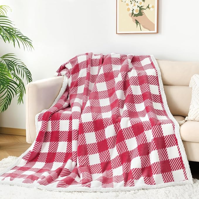 Sherpa Plaid Twin Blanket 60" X 70", Fuzzy Fluffy Soft Cozy Throw Blanket, Twin Size Plush Fleece Flannel Plush Microfiber Blanket for Couch Bed Sofa (RustRed)