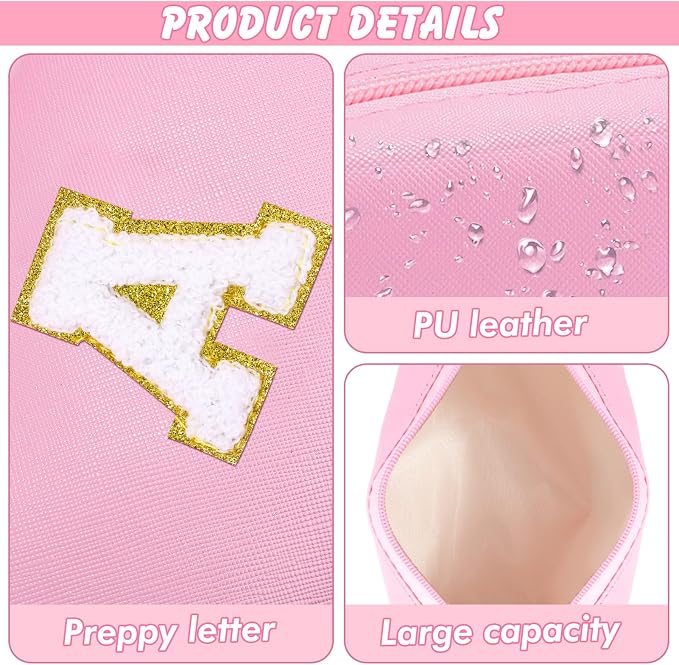 URSKYTOUS Initial Makeup Bag Personalized Preppy Cosmetic Bag Travel Toiletry Bag Waterproof PU Small Makeup Pouch Bag for Purse Birthday Gift Cute Stuff for Teen Girls Women (Pink A)