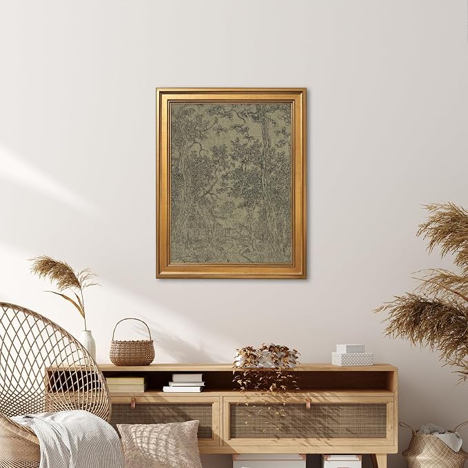 Gold Framed Antique Textile Landscape Sketch Wall Art Painting Moody Vintage Drawing Print Rustic Old-World Picture Poster Neutral Canvas Artwork for Living Room Study Entryway Home Decor 12x16inch
