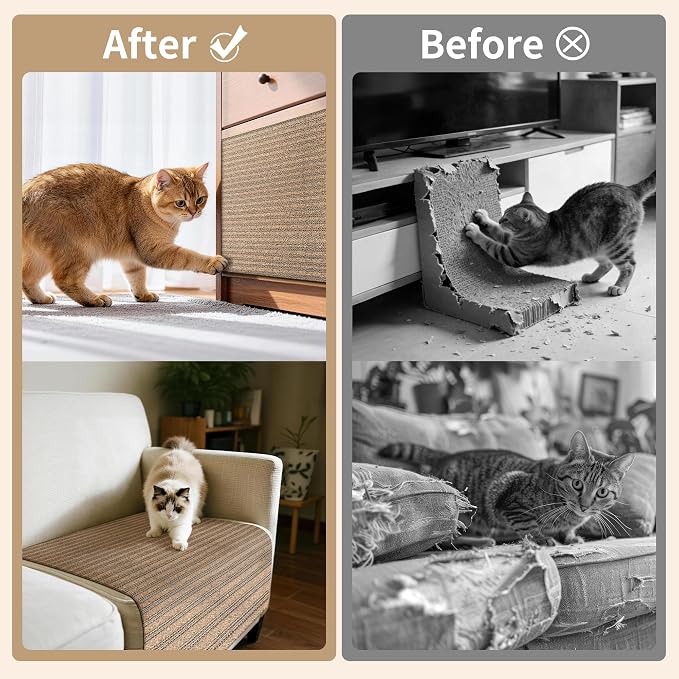 Natural Cork Cat Scratcher Mat, Self-Stick & Trimmable Furniture Protector for Couch, Door, Wall & Bed Corner, Claw-Friendly for Indoor Cats (Oak Wood, 39.4 x 11.8 Inch)