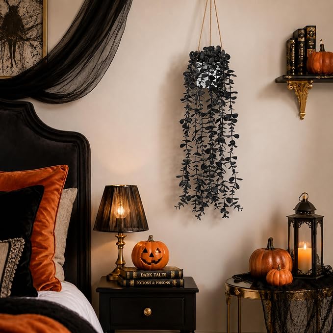 Der Rose Fake Eucalyptus Hanging Plants for Halloween Party Decorations | Black faux plants indoor for gothic bathroom decor, shelves and mantels, bringing moody depth to Halloween decorations indoor