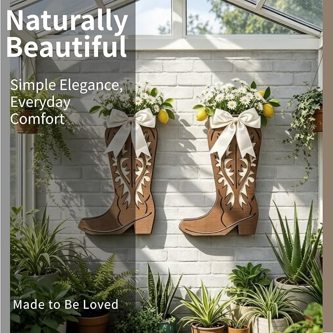 2 Pcs Wood Cowboy Boot Wall Vase - Western Rustic Home Décor | Sturdy wood planter for faux flowers. Suited for bedroom, kitchen, living room. Easy hang. Works farmhouse, country, cabin
