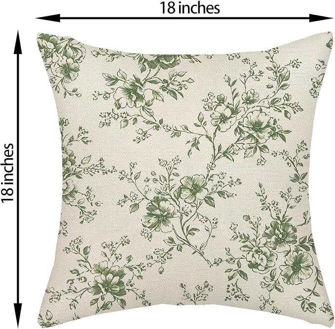 Sage Green and Cream Flower Pillow Covers 18x18 Set of 2 Chinoiserie Floral Decorative Throw Pillows Vintage Toile Flower Pillowcase Linen Outdoor Farmhouse Cushion Cover for Couch Sofa Decor