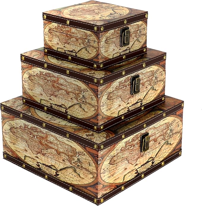 Jolitac Wooden Storage Box Set of 3, Antique-Looking Storage Containers with Secret Compartments Vintage Nesting Keepsake Chests for Jewelry, Cash, Photos Travel-Friendly & Stackable (Map)