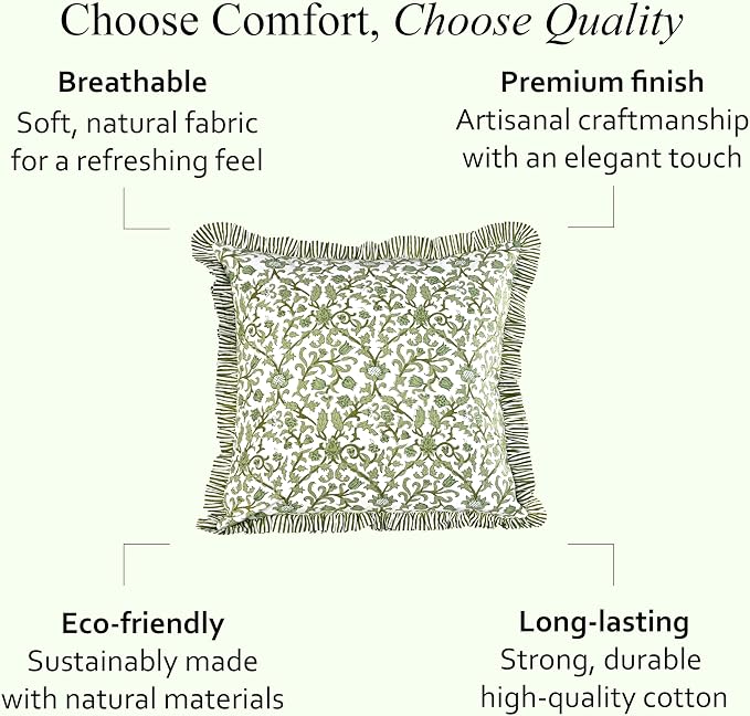 CPC Meadow Vine Hand Block Print 100% Cotton Ruffle Throw Pillow Cover 20x20 inch with Hidden Zipper Decorative for Couch, Bed, Sofa, Farmhouse, Cottagecore Decor Gift Christmas Fall Thanksgiving