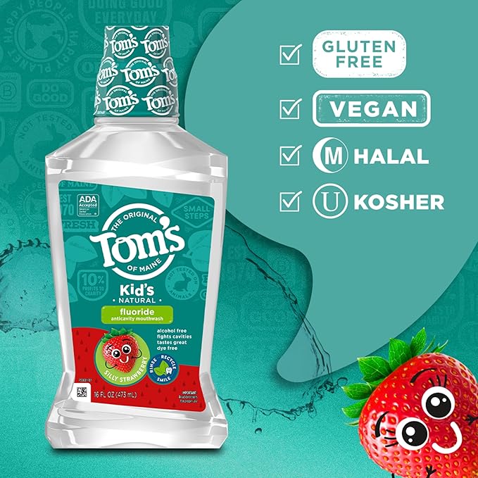 Tom's of Maine Children's Anticavity Fluoride Rinse Mouthwash, Silly Strawberry, 16 oz. 3-Pack