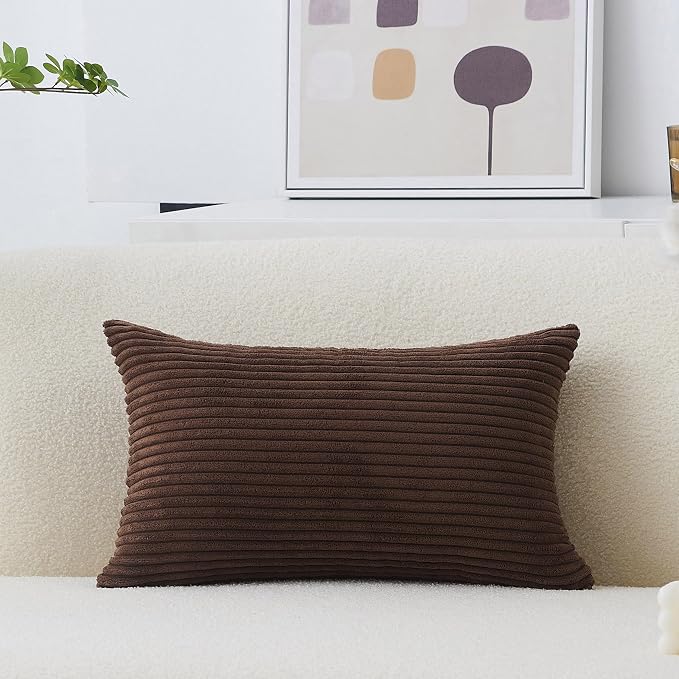Home Brilliant 12x20 Pillow Cover Decorative Lumbar Throw Pillow Plush Striped Corduroy Rectangular Throw Pillow Case for Chair Car Seat Sofa Bench, 30 x 50cm, Coffee Brown