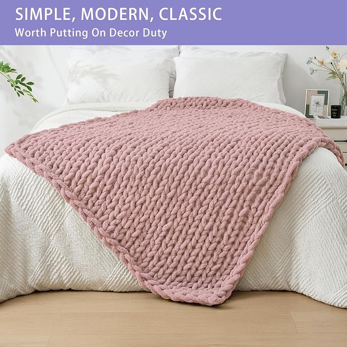Bigacogo Chunky Knit Throw Blanket for Couch, 40x60 inches, Dusty Pink | Hand Knit with Jumbo Chenille, Soft Breathable Cable Knit for Sofa Bed Living Room, Machine Washable, Gift for Mom Friend