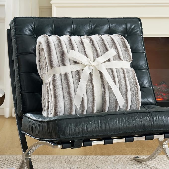 Cozy Bliss Faux Fur Throw Blanket for Couch, Cozy Warm Plush Striped Blanket for Sofa Bedroom Living Room,50 * 60 Inches Grey