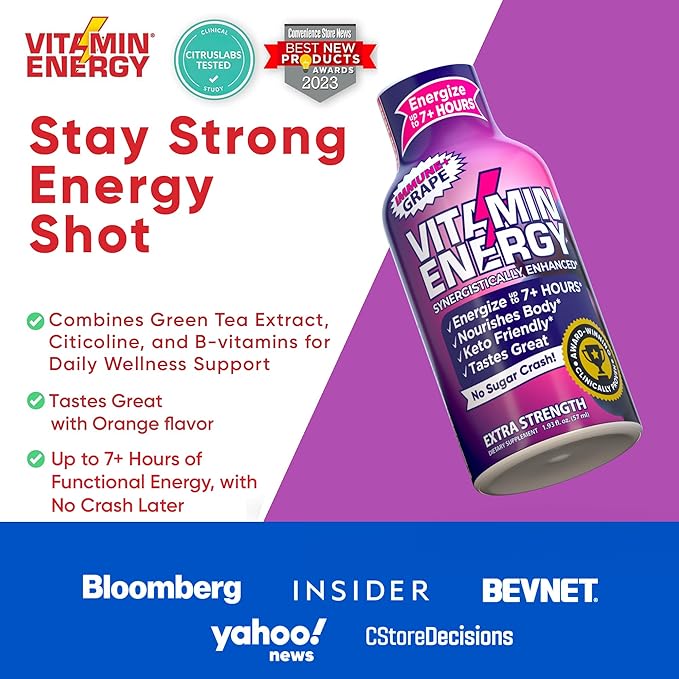 Vitamin Energy Immune+ Extra Strength Energy Shot Grape 12 Pack, 260mg Natural Caffeine, B-Vitamins, Citicoline, Green Tea, Immunity & Focus Support, Zero Sugar, Gluten-Free 1.93 fl oz