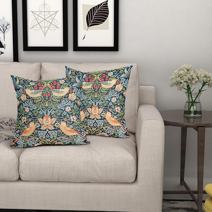Chinoiserie Blue Sage Green Teal Pimpernel Pillow Covers 16X16 in Set of 2 Colorful Floral Bird Red Strawberry Pillow Cases Vintage Flower Throw Pillowcases Home Decor for Couch Patio Sofa Porch