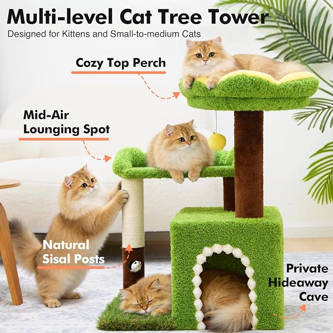 Sunflower Short Cat Tree with Cat Scratching Posts Small Cat Tower | Cat Condo,Cat Perch,Cat Bed 3-in-1 Cat Scratcher for Small Cats and Kittens