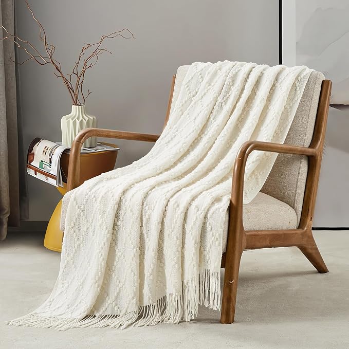 BOURINA White Throw Blanket 50 x70 Inch Jacquard Throw Knitted Blanket | Jacquard Argyle Throw Textured Solid Soft Throws and Blankets for Sofa or Bed Knitted Decorative Blanket