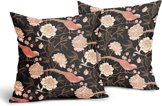 Pink White Roses Floral Pillow Covers 16X16 Inch Set of 2 Retro Flowers Birds Gold Leaf Decorative Pillow Cases Art Vintage Black Cotton Linen Cushion Case Home Decor for Sofa Couch Porch Outdoor