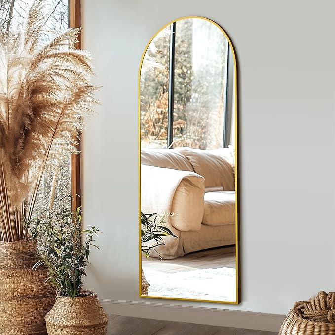 Full Length Mirror, Large Floor Mirror for Wall, Bedroom, Bathroom, Living Room with Aluminium Frame (Stand, Arch 56x15-Gold) | Aluminium alloy frame with HD float glass for distortion-free reflection. Free standing or wall mounted.