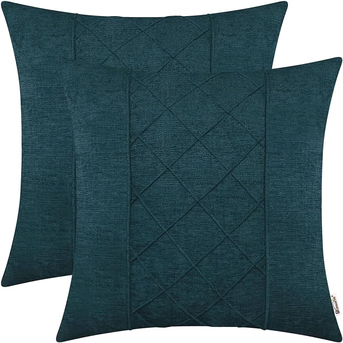 BRAWARM Chenille Throw Pillow Covers 18x18 Inches, Deep Lagoon, 2 Pack | Decorative Pleated Pillow Covers, Soft Cushion Cases for Sofa Bed Living Room Home Farmhouse (No Insert)