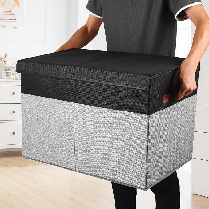 Large Toy Storage Box with Lid, Toy Chest Bin Boxes Basket with Dividers | Sturdy Toy Organizer Bin for Kids, Boys, Girls, Nursery, Living Room, Bedroom, Playroom 25"x13" x16"(Black and Grey)