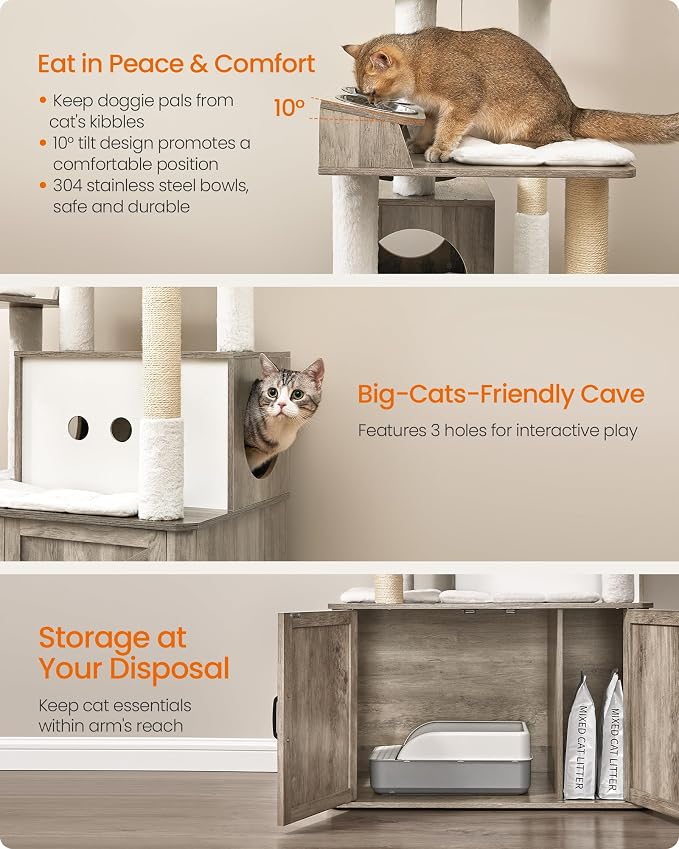 Feandrea Cat Tree, 66.9-Inch Cat Tower with Litter Box Enclosure, Large Condo with Food Station, Storage, Scratching Posts, Cave, Hammock, Washable Cushions, Heather Greige UPCT169K02 | Large Condo with Food Station, Storage, Scratching Posts, Cave, Ha...