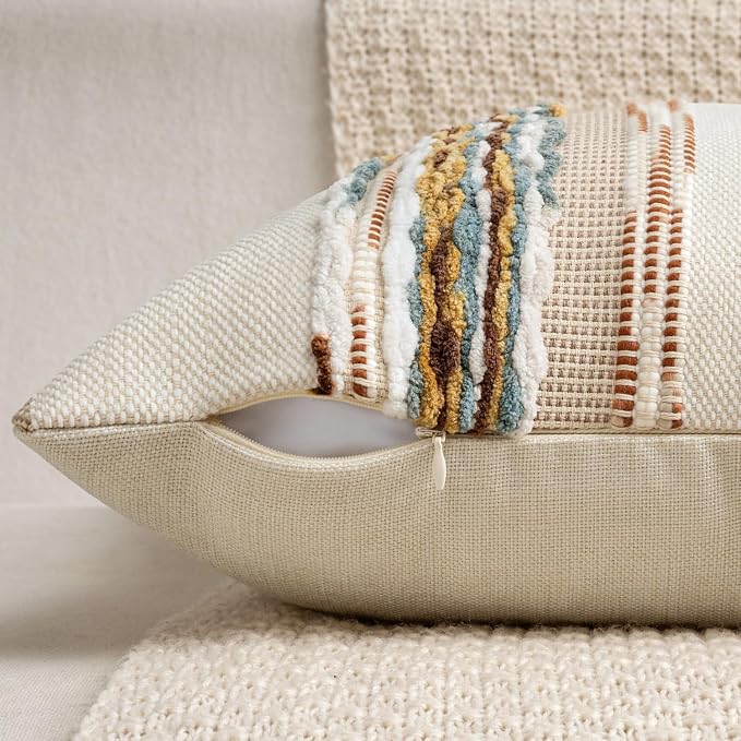 ANRODUO Decorative Boho Pillow Covers Orange White 18x18 Inch Pack of 2 | Throw Pillow Covers, Farmhouse Striped Pillow Covers, Chenille Tufted Pillow Cases, Neutral Pillowcase for Living Room Couch