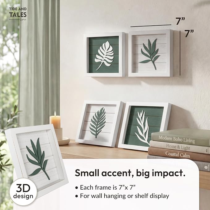 Tide and Tales 3D Green Botanical Wall Art, Framed Set of 4, Leaf Decor | 7x7 Inch, Lightweight, Wooden, Ready-to-Hang, Minimalist Boho Farmhouse Pictures for Bathroom, Bedroom, Living Room or Office