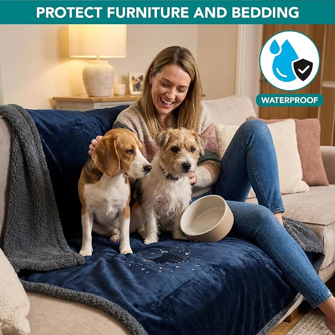 PetAmi Waterproof Dog Blanket for Large Dog Cat Pet, 60x80, Blue Grey | 460 GSM Sherpa Fleece Reversible, Pee Proof, Furniture Protector Cover for Couch Sofa Bed Kennel, Washable, Extra Large