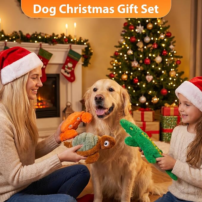 No Stuffing Dog Toys for Puppies, Small & Medium Dogs, 3 Pack Squeaky Crinkle Plush Toys for Teething & Anxiety Relief, Lightweight Interactive Animal Set to Keep Them Busy