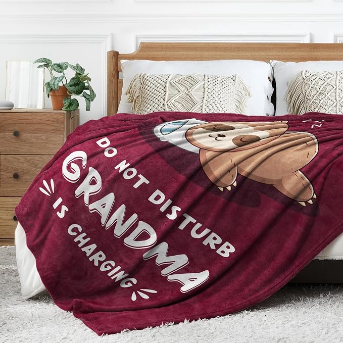 Leebbsin Funny Gifts for Grandma, Grandma Birthday Gift from Grandkids | Grandma is Charging Sloth Blanket 60" x 80" Burgundy, Grandmas Gift for Christmas Mothers Day, Soft Sloth Blanket for Grandma