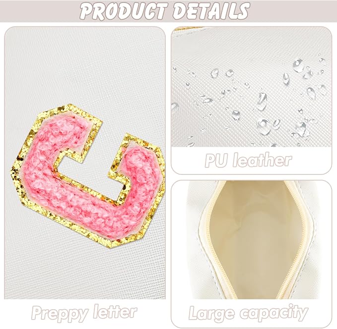 URSKYTOUS Initial Makeup Bag Personalized Preppy Travel Small Cosmetic Bag Cute PU White Chenille Letter Makeup Pouch for Purse Waterproof Zippered Toiletry Organizer for Women Girl Kid Friends(C)