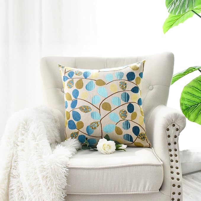 CaliTime Decorative Throw Pillow Covers 20 X 20 Inches Ecru Blue | Luxury Chenille Cute Leaves Cushion Case Shell for Couch Sofa Bed Living Room Home
