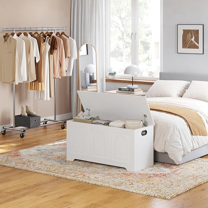 Storage Chest, Wooden Toy Box, White 39.4" L | Entryway Shoe Bench, 2 Soft-close Hinges, Finger-safe Flip-Top Lid, Easy Assembly, Farmhouse Large Trunk, Living Room/Bedroom