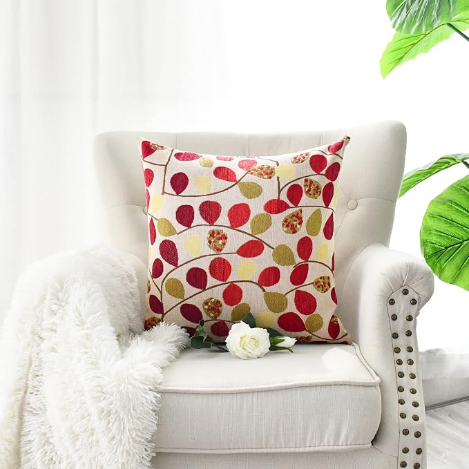 CaliTime Fall Decorative Throw Pillow Covers 16 X 16 Inches Ecru Red | Luxury Chenille Cute Leaves Cushion Case Shell for Couch Sofa Bed Living Room Home