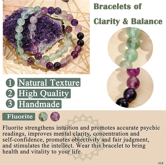Bivei Natural Gemstone Semi Precious Healing Crystals Handmade Stretchy Round Beads Bracelet,Stocking Stuffers for Women Enhance Positive Energy