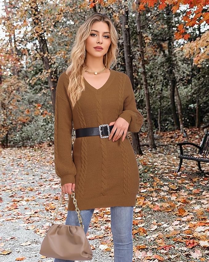 Women's Pullovers Jumper Sweaters Lantern Sleeve Casual V Neck Fall Knit Mini Sweater Dresses