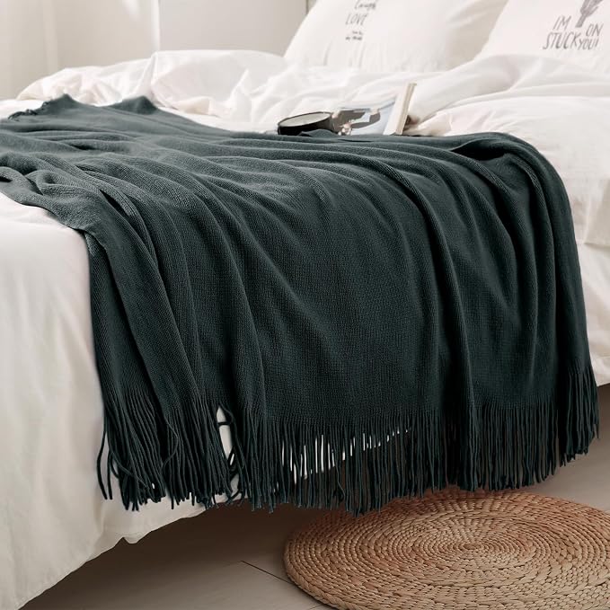 Homiest Charcoal Grey Knitted Throw Blanket with Fringe, 50x60 Inch | Pure Acrylic, Lightweight & Breathable, All-Season Use, Machine Washable, Wrinkle & Fade Resistant, for Couch Sofa And Bed