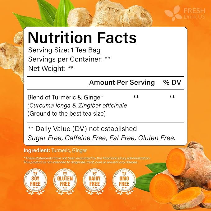 FreshDrinkUS, Premium 135 Ginger Turmeric Tea Bags, 100% Natural Ingredients, Hand-made Blend of Ginger and Turmeric Herbal Tea, Eco-conscious Tea Bags. No Sugar, No Caffeine, No Gluten, Vegan.