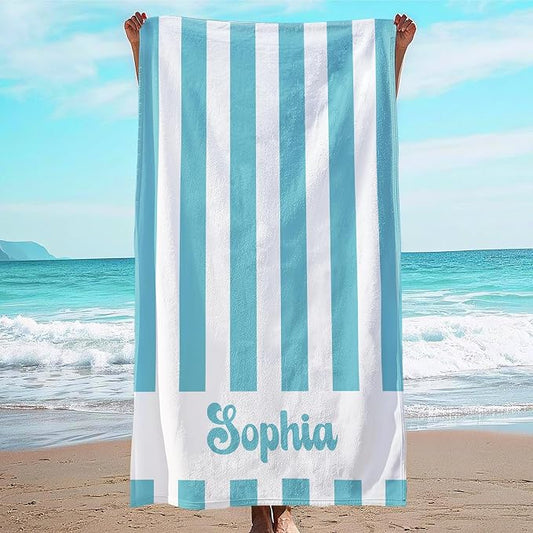 JML Personalized Beach Towel with Name, Custom Cabana Stripe Beach Towel, Customized Microfiber Pool Towel, Quick Dry & Absorbent Swim Towel for Adult,Anniversary, Birthday, Summer Holiday,Vacation