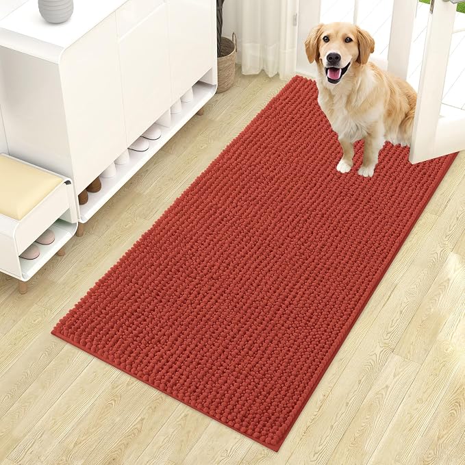 OLANLY Dog Door Mat for Muddy Paws 44x24, Extra Absorbent Chenille Mud Mat | Maple Red, Absorbs Moisture and Dirt, Non-Slip Machine Washable Doormat, Quick-Drying Indoor Entryway Floor Mat for Dogs