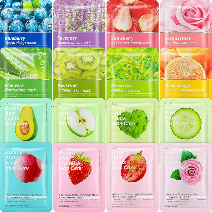 16 Pcs Sheet Face Masks Skincare for Most Skin Types, Combo Essence Hydraiting Facial Mask Set for Women Skin Care, Gifts Set for Home Spa(Assorted Styles,16 Pcs)