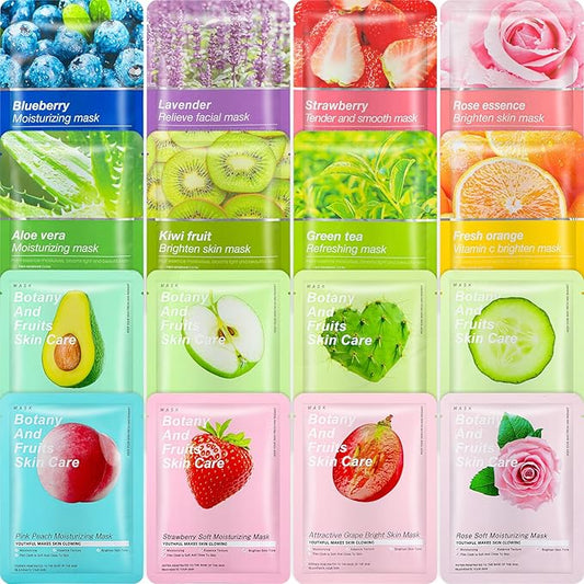 16 Pcs Sheet Face Masks Skincare for Most Skin Types, Combo Essence Hydraiting Facial Mask Set for Women Skin Care, Gifts Set for Home Spa(Assorted Styles,16 Pcs)