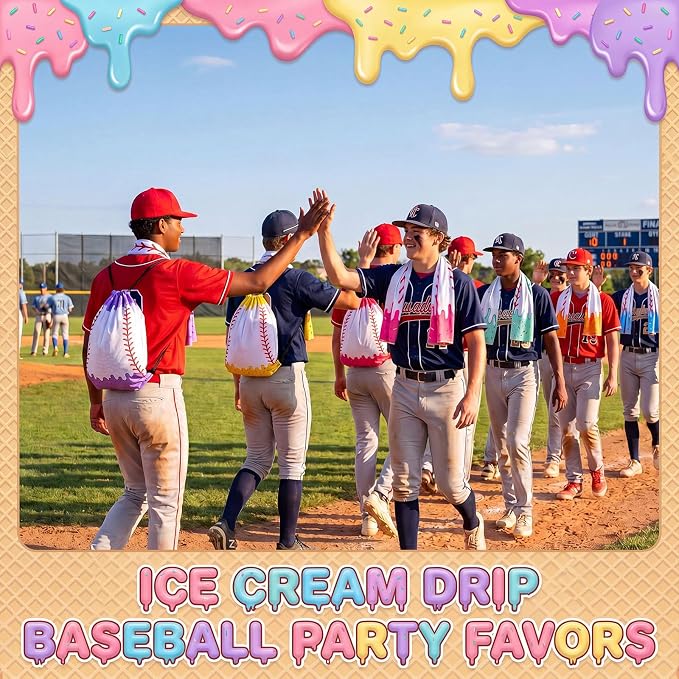 Peryiter 24 Pcs Ice Cream Drip Baseball Party Favors 12 Cooling Towels 12 Drip Drawstring Bags Bulk Sport Gifts for Teams Summer Camping Yoga Running Supplies, Chilly and Absorbent (Classic)