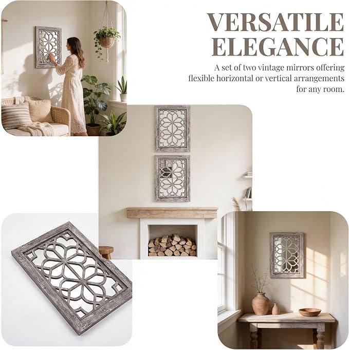 Set of 2 13x17 Inch Rectangular Shatterproof Decorative Wall Mirrors, Boho Farmhouse Rustic Vintage Grey Accent Mirrors for Living Room, Bedroom, Entryway & Home Wall Decor（Brown）