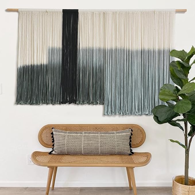 Macrame Wall Hanging Grey Dip Dye Large Boho Fiber Wall Art Decor 57"W*35"L | Neutral Wall Hanging, Handmade Yarn Art, Textured Fiber Decor, for Bedroom Wall Accent, Farmhouse Interior Style