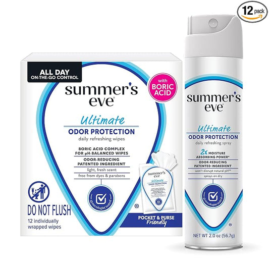 Summer's Eve Ultimate Odor Control Feminine Spray, 2 oz & Wipes with Boric Acid, 12 ct