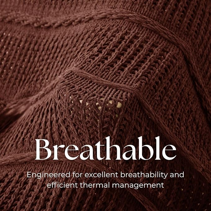 Boho Knitted Chenille Blanket with Tassels - Lightweight & Soft All-Season Throw - 3D Classic Pattern for Living Room Bedroom Couch, Copper Brown, Throw 50"x60"