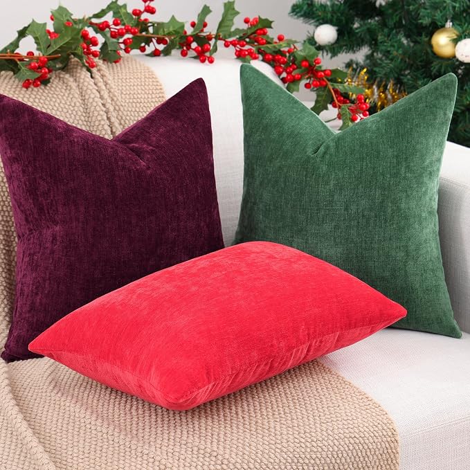 decorUhome Soft Chenille Christmas Green Throw Pillow Covers 16X16 Set of 2 | Decorative Fall Couch Pillow Covers Solid Dyed Accent Modern Farmhouse Neutral Square Pillow Cases for Sofa