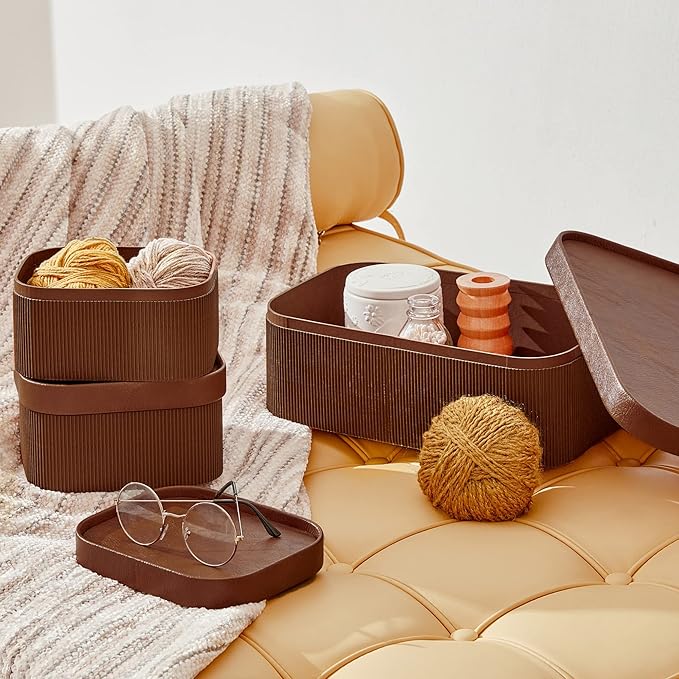 LA JOLIE MUSE Decorative Storage Boxes with Lids Faux Leather, Brown 3 Pack | Vegan Leather Lids, Fluted Cardboard Storage Basket, Organizer for Jewelry, Shelves, Bedroom & Closet Storage Memory Box