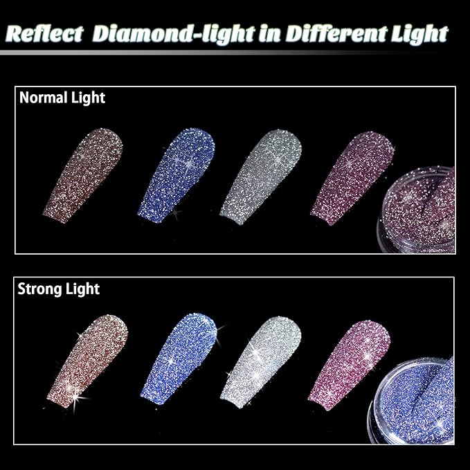 Allstarry Diamond Nail Glitter 4 Colors Sparkling Korea Reflective Glitter Diamond Dust Shiny Powder Pigment Craft Sequins Nail Supplies for Nail Art Gel Polish Crafts Disco Party Nightclub Wedding