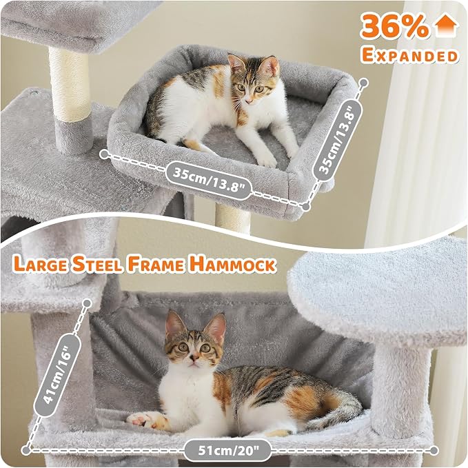 PAWZ Road XXL 81" Cat Tree Large Cats with Big Condos,Perches Sisal Posts | 20"x16" hammock for adult cats, tall cat tower with 7 scratching posts, dual perch and large condo for big maine cats