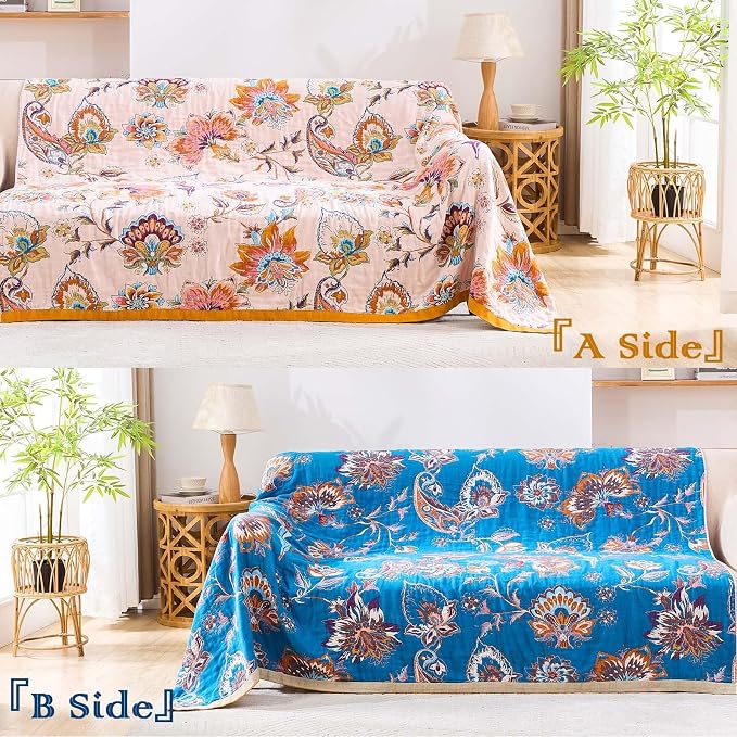 XIBLC Boho Throw Blanket for Bed, 100% Cotton Soft Rustic Quilt Fall Blanket, 50"x60" Floral Printed Farmhouse Decor Bed Blankets, All Season Rustic Reversible Bohemian Throw Quilt